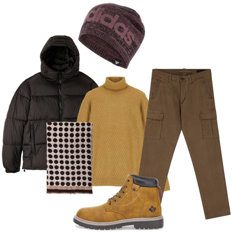 Outfit uomo - Total look #2060773. Stile Casual per Tutti i giorni. Abbinamento con piumini, maglieria, sciarpe e foulard, pantaloni cargo, berretti, stivali e stivaletti.