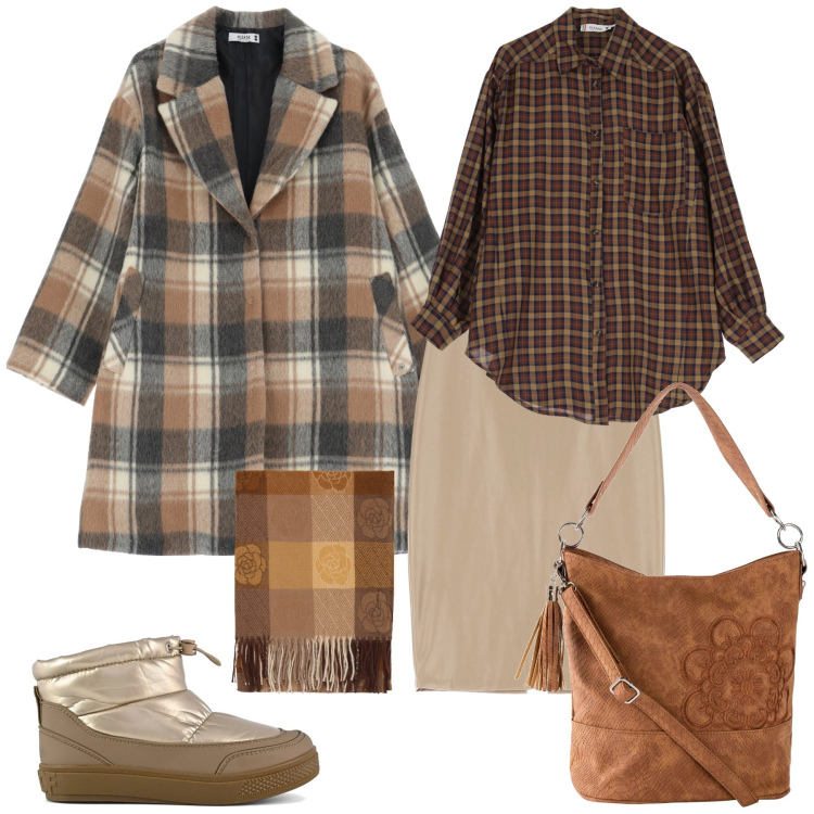 Outfit donna - Quadri su quadri per la città. Stile Urban per Tutti i giorni. Abbinamento con borse a mano, cappotti, camicie, foulard, gonne, stivaletti.