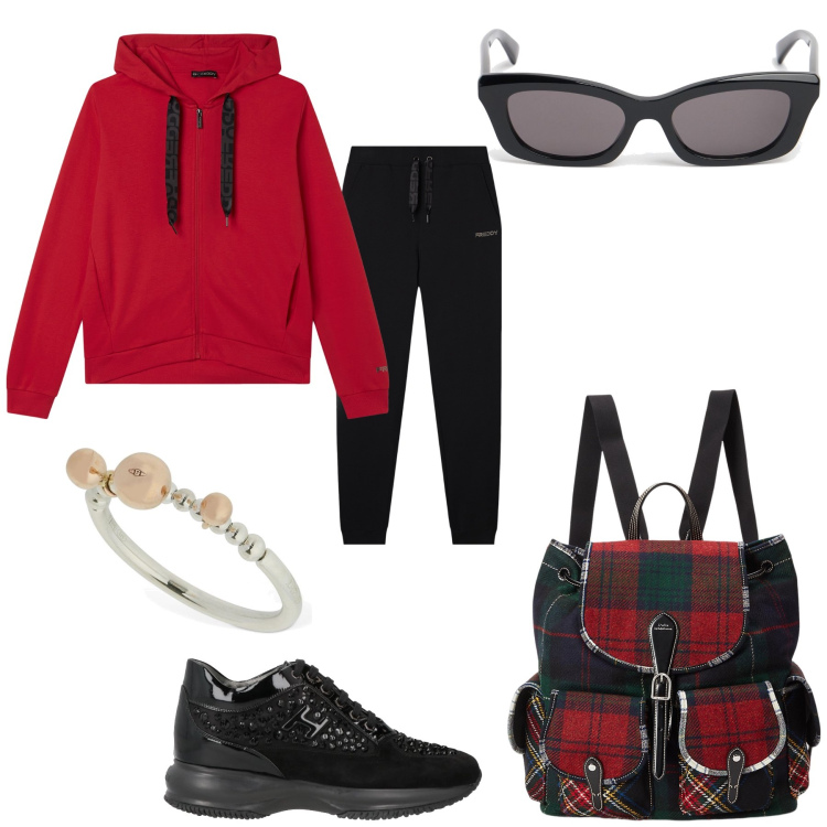 Outfit donna - A spasso ai giardini. Stile Basic per Tutti i giorni. Abbinamento con sneakers, tute, zaini, anelli, occhiali da sole.