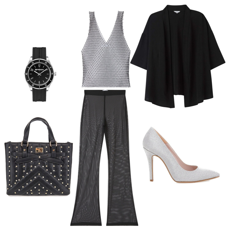 Outfit donna - Mi sento rock. Stile Chic per Serata fuori. Abbinamento con kimono, pantaloni, top, orologi, borse a mano, décolleté.