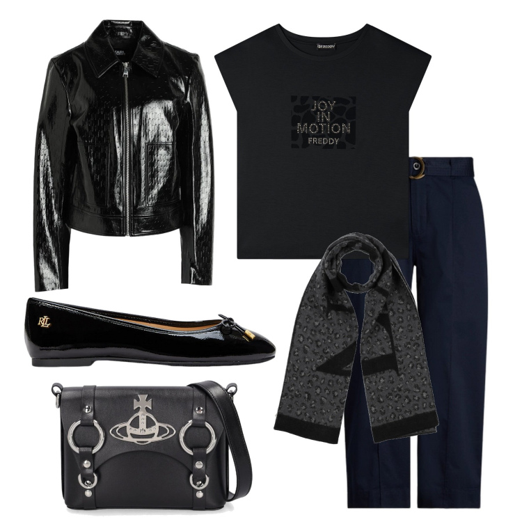 Outfit donna - In motion. Stile Casual chic per Tutti i giorni. Abbinamento con blazer, sciarpe, t-shirt, pantaloni, ballerine, borse a spalla.