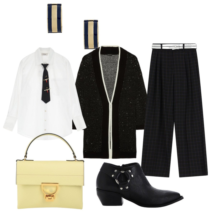 Outfit donna - Con le amiche…. Stile Mannish per Tutti i giorni. Abbinamento con borse a mano, pantaloni, stivaletti, camicie, orecchini, cardigans.