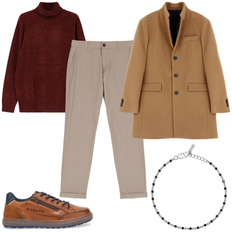 Outfit uomo - Maglione a collo alto. Stile Casual per Cerimonia. Abbinamento con braccialetti, pantaloni, cappotti, maglieria, scarpe stringate.