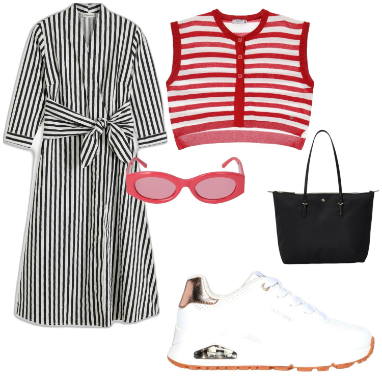 Outfit donna - Passeggiata. per Tutti i giorni. Abbinamento con vestiti midi/longuette, gilet, borse tote, occhiali da sole, sneakers.