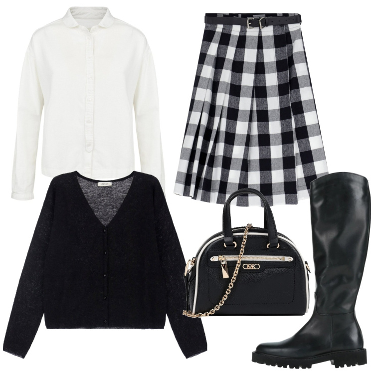 Outfit donna - Camicia oversize. Stile Preppy per Serata fuori. Abbinamento con stivali, borse a mano, gonne, cardigans, camicie.