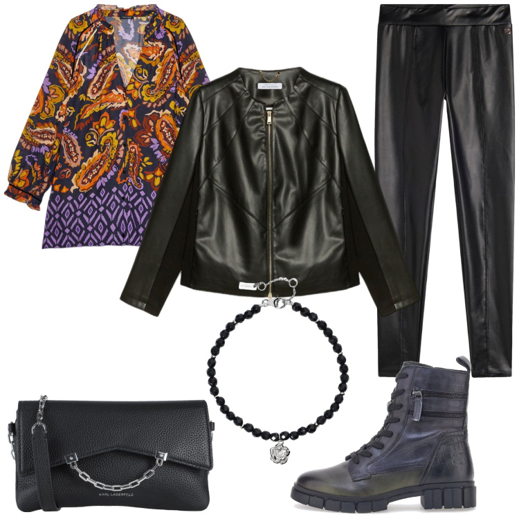 Outfit donna - Stile boho biker. Stile Boho per Tutti i giorni. Abbinamento con borse a tracolla, braccialetti, treggings, anfibi, bluse, blazer.