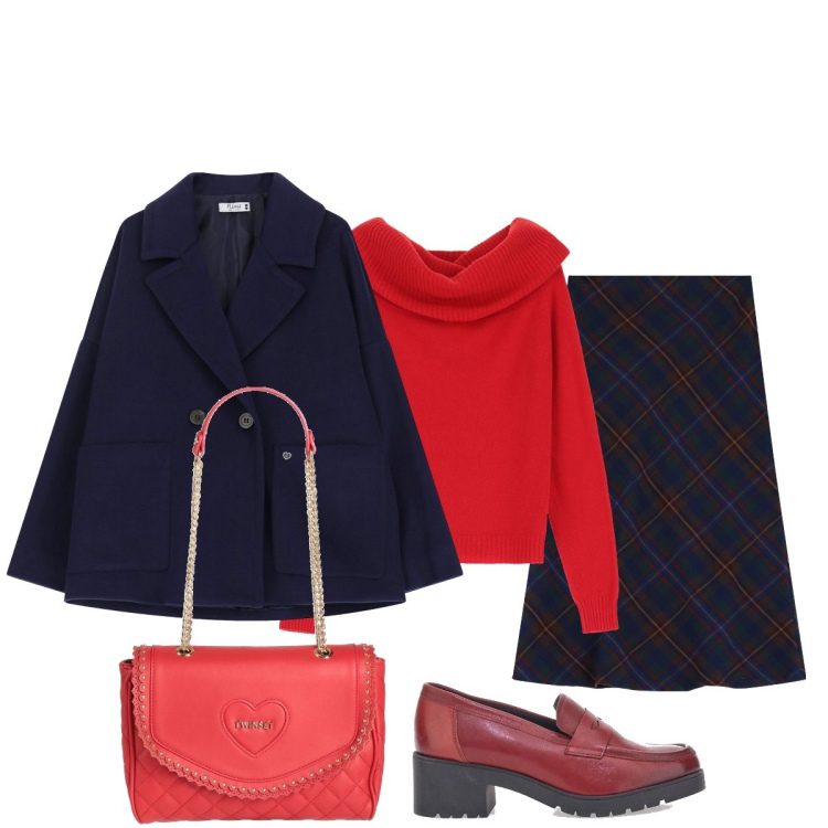 Outfit donna - Blu e rosso colori primaverili classici. Stile Bon Ton per Tutti i giorni. Abbinamento con borse a mano, blazer, maglieria, gonne lunghe, mocassini.