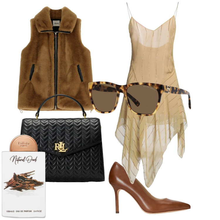 Outfit donna - Glamour. Stile Casual chic per Serata fuori. Abbinamento con vestiti corti, profumi, gilet, décolleté, occhiali da sole, borse a mano.