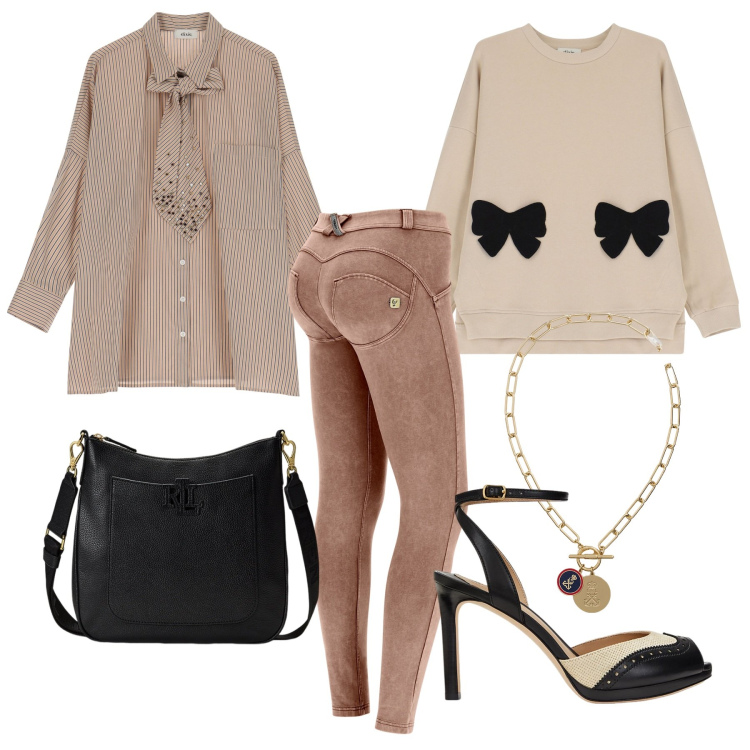 Outfit donna - Bon ton. Stile Bon Ton per Tutti i giorni. Abbinamento con felpe, camicie, pantaloni skinny, borse a tracolla, sandali in pelle, ciondoli.