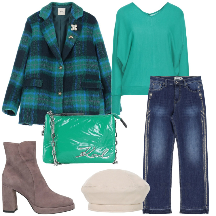 Outfit donna - Outfit colorati. Stile Trendy per Tutti i giorni. Abbinamento con pullovers, stivaletti, borse a mano, cappelli e berretti, blazer, jeans dritti.