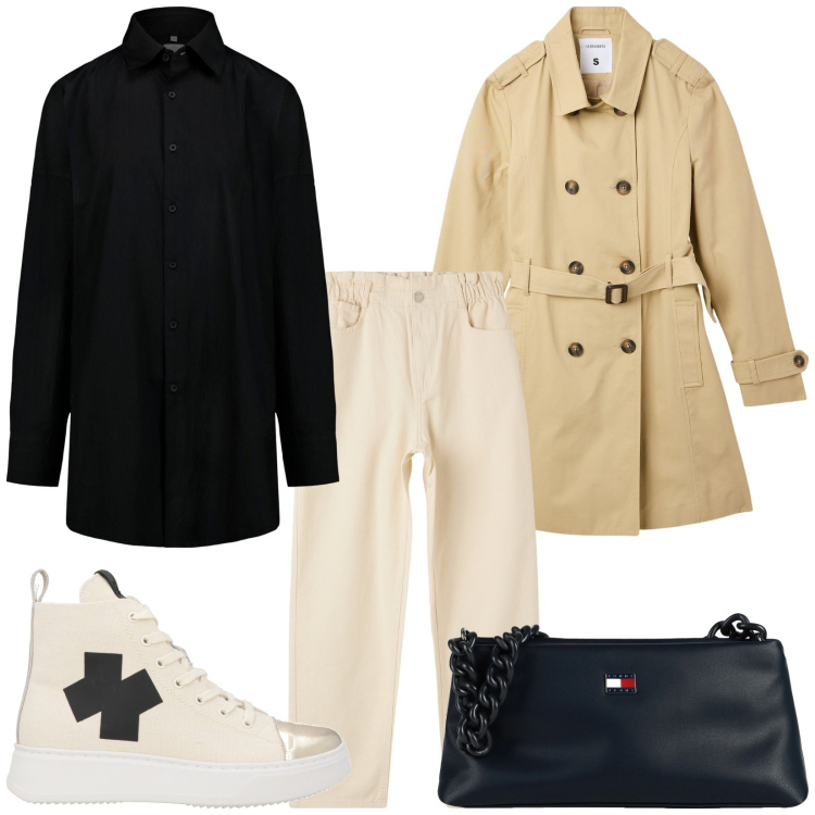 Outfit donna - Camicia nera passepartout. Stile Sporty chic per Tutti i giorni. Abbinamento con borse a mano, sneakers alte, trench, pantaloni, camicie.