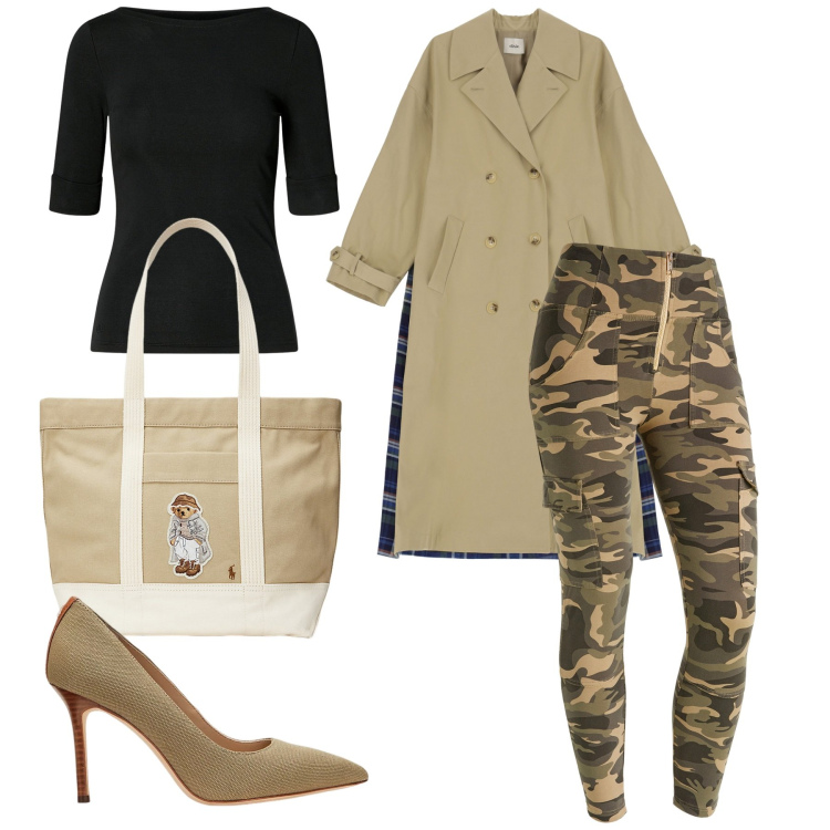 Outfit donna - Total look #2060816. Stile Military per Tutti i giorni. Abbinamento con pantaloni cargo, trench, t-shirt, borse tote, décolleté.