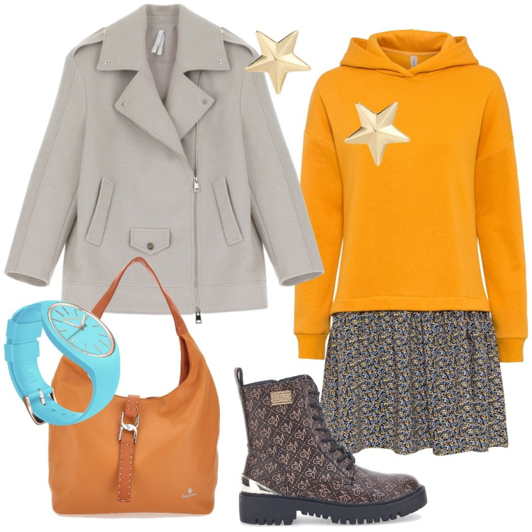 Outfit donna - Arancione vitaminico. Stile Casual chic per Scuola/Università. Abbinamento con vestiti, blazer, orologi, orecchini, anfibi, borse a spalla.