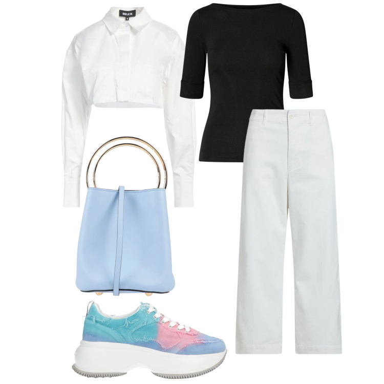 Outfit donna - Pantaloni bianchi. Stile Casual per Tutti i giorni. Abbinamento con sneakers, camicie, borse a mano, pantaloni, t-shirt.