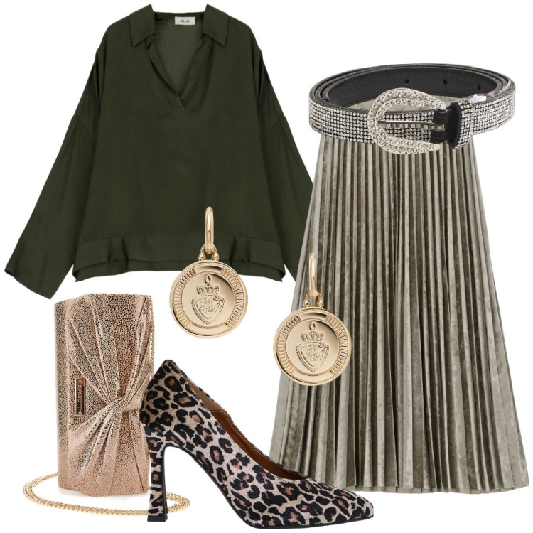 Outfit donna - Serata scintillante. Stile Glamour per Serata fuori. Abbinamento con cinture, décolleté, gonne longuette, top, orecchini, pochette.