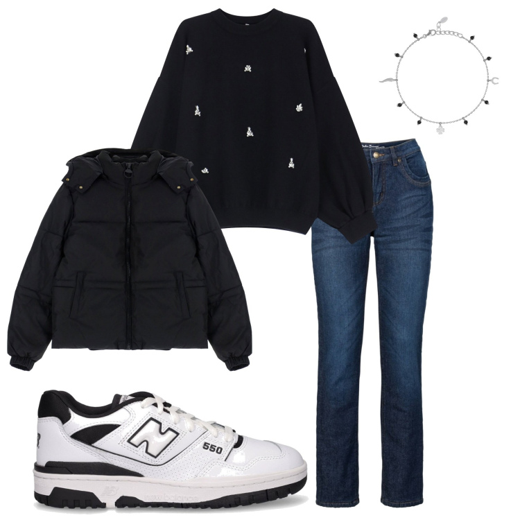 Outfit donna - Total look #2060838. Stile Basic per Tutti i giorni. Abbinamento con jeans dritti, braccialetti con ciondoli, piumini, pullovers, sneakers.