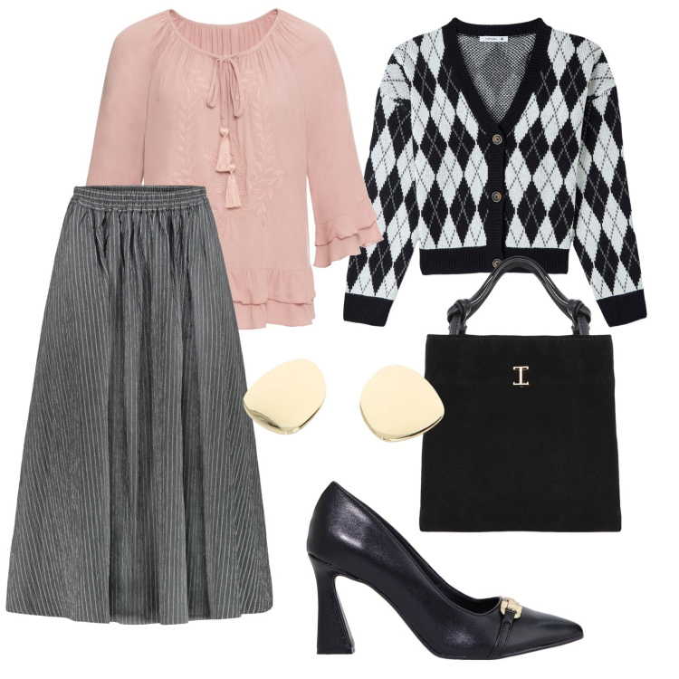 Outfit donna - La professoressa di storia. per Scuola/Università. Abbinamento con tuniche, cardigans, stivaletti, shopping bag, orecchini, gonne.