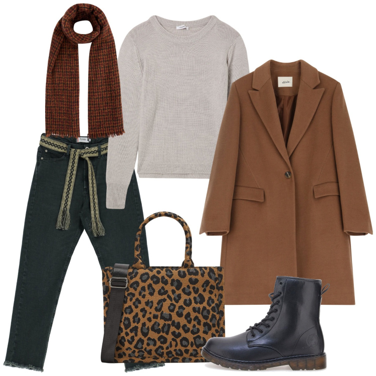 Outfit donna - Febbraio. Stile Casual per Tutti i giorni. Abbinamento con sciarpe, maglieria, shopping bag, jeans skinny, cappotti, anfibi.