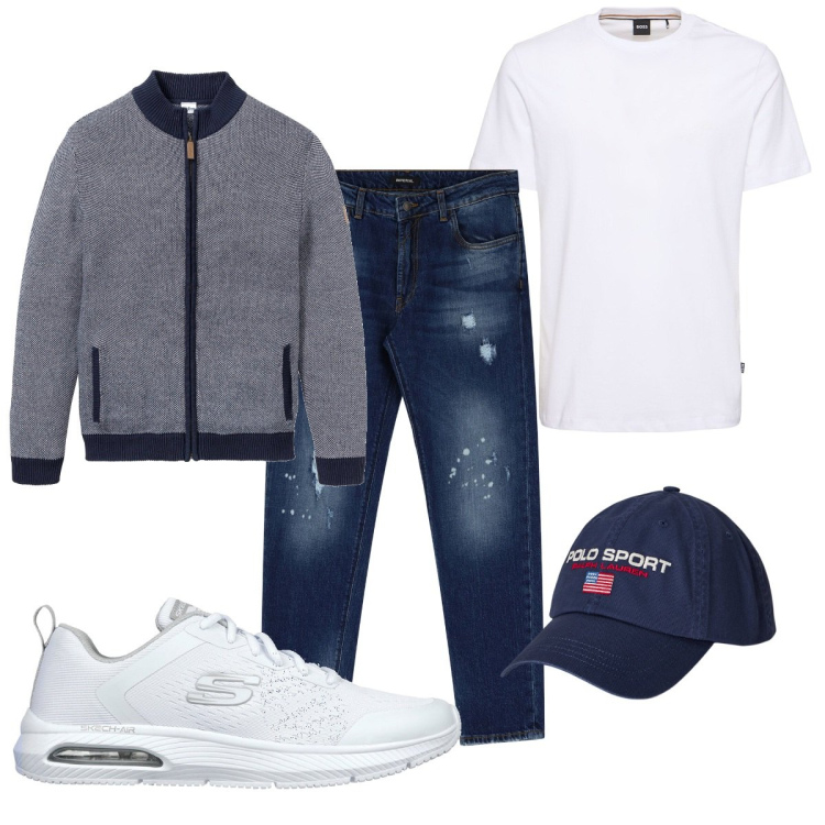 Outfit uomo - Total look #2060846. Stile Casual per Tutti i giorni. Abbinamento con cardigans, jeans, berretti, sneakers, t-shirt.