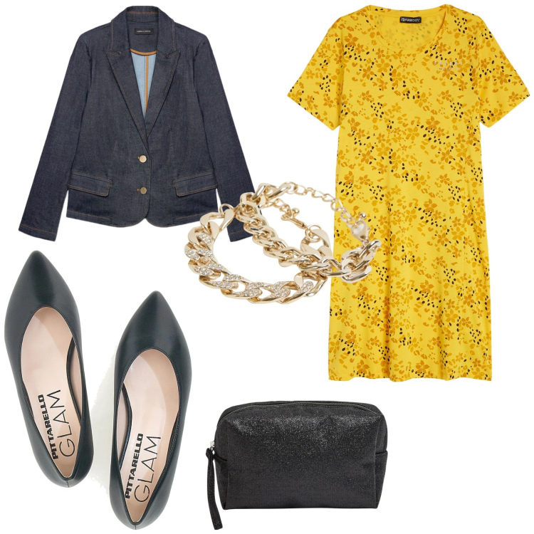 Outfit donna - Il colore del sole. per Tutti i giorni. Abbinamento con valigie, braccialetti, vestiti, ballerine, blazer.