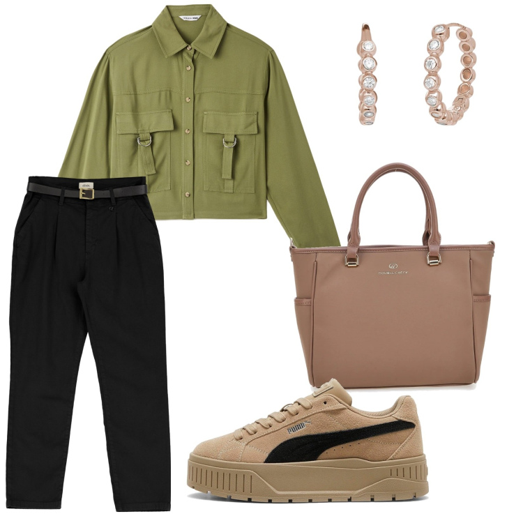 Outfit donna - Le belle giornate. per Tutti i giorni. Abbinamento con camicie, orecchini, pantaloni chino, borse a tracolla, sneakers.