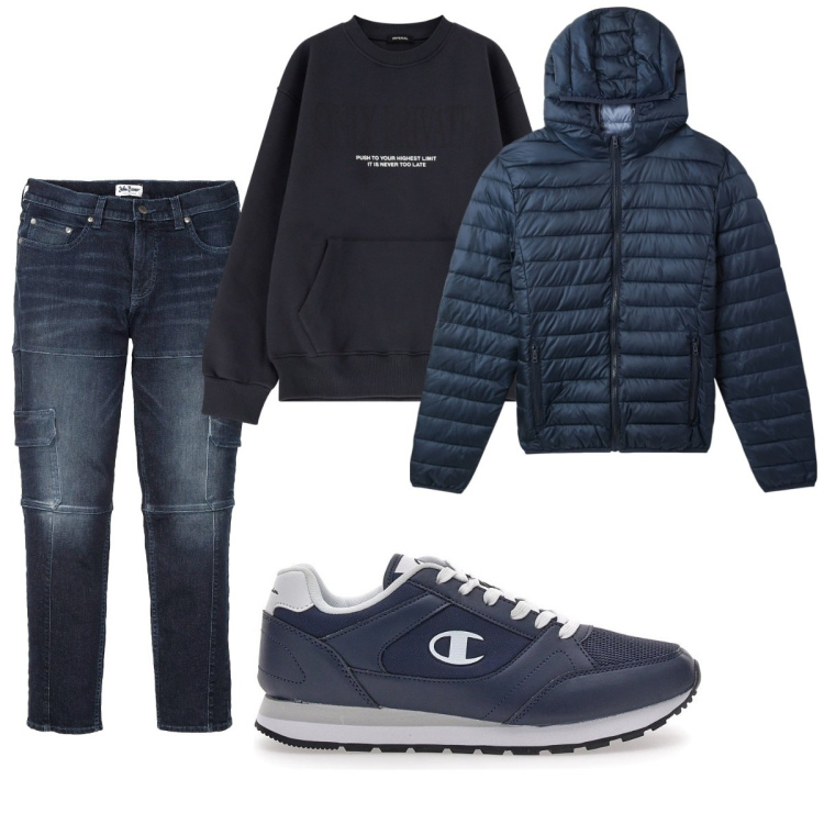 Outfit uomo - Total look #2060856. Stile Casual per Tutti i giorni. Abbinamento con jeans slim fit, piumini, felpe, sneakers.