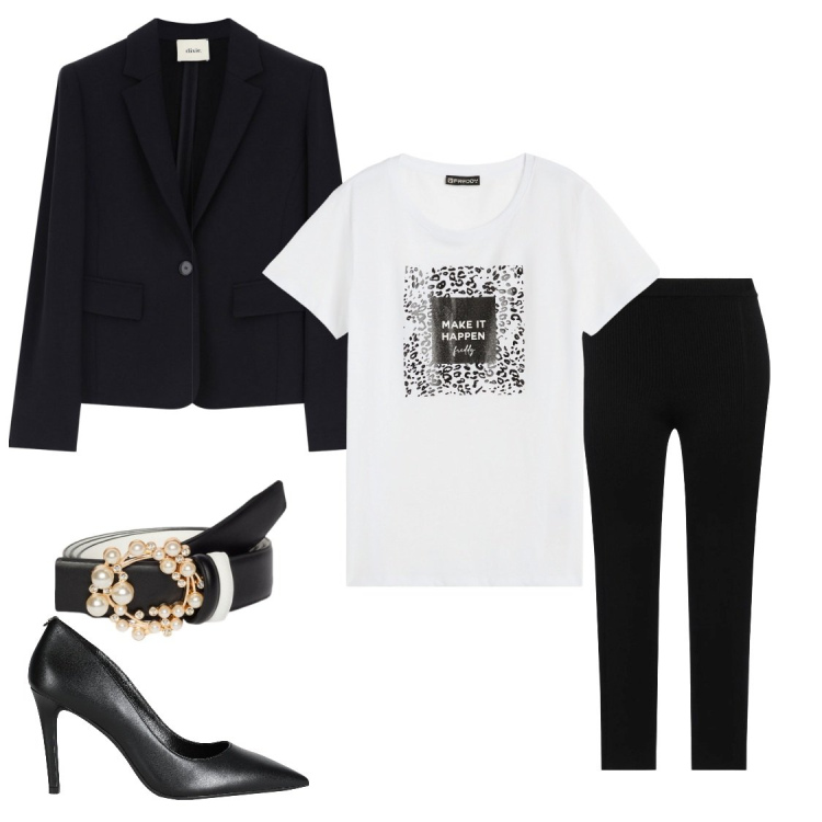 Outfit donna - Pantalone nero sempre comunque. Stile Glamour per Serata fuori. Abbinamento con décolleté, pantaloni, blazer, t-shirt, cinture.