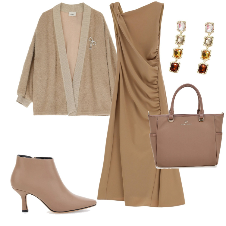 Outfit donna - Serata fuori. Stile Casual chic per Serata fuori. Abbinamento con vestiti asimmetrici, blazer, orecchini, borse a tracolla, stivaletti.