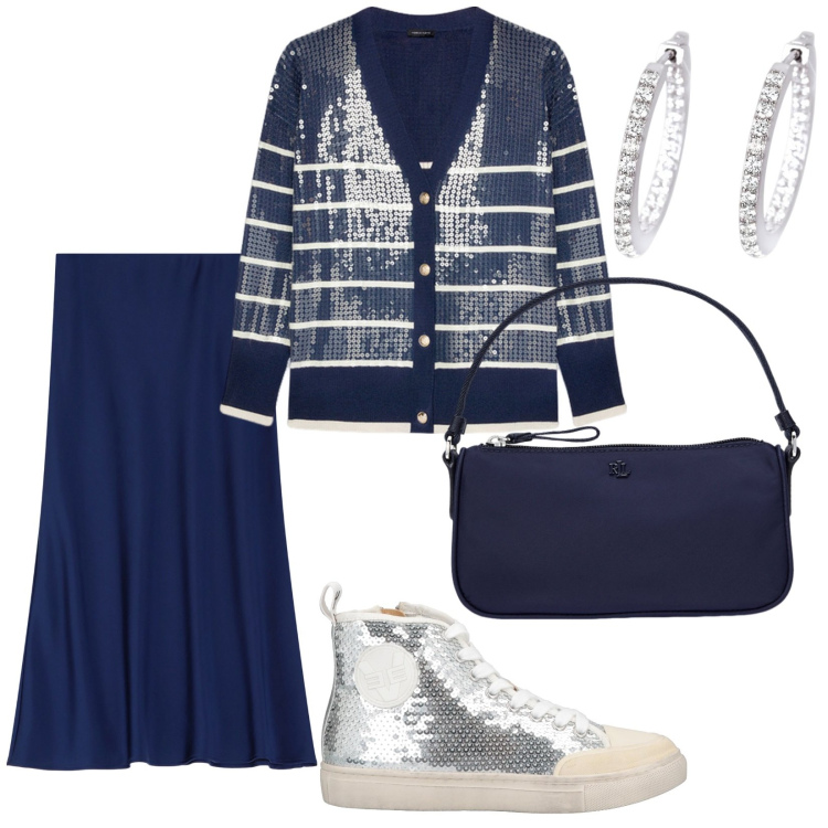 Outfit donna - Ragazze, usciamo?. per Serata fuori. Abbinamento con sneakers alte, orecchini, gonne longuette, pochette, cardigans.