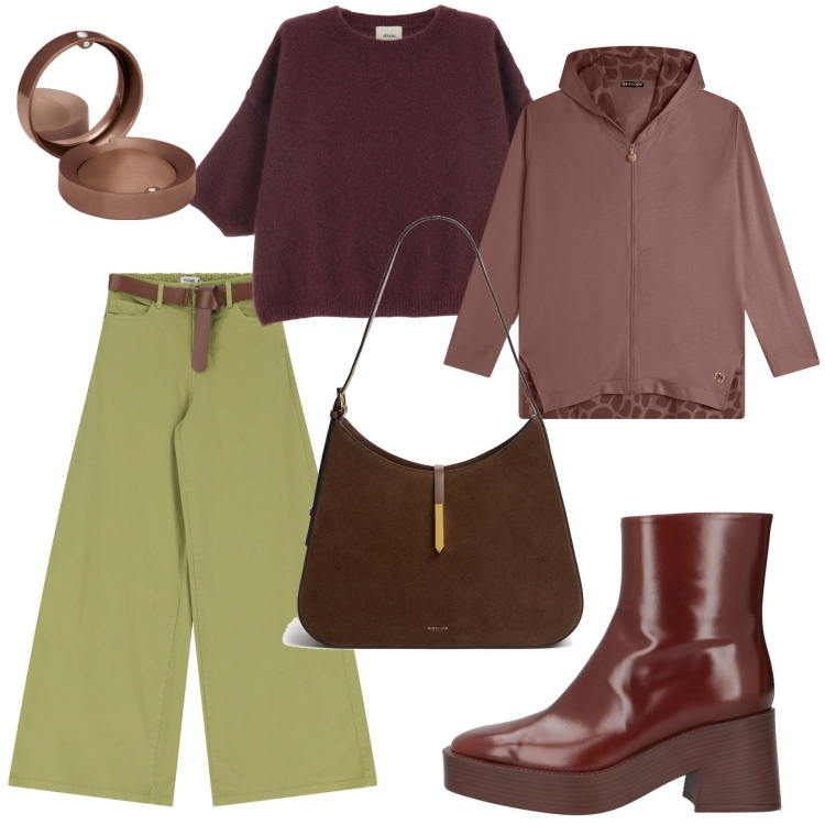 Outfit donna - Total look #2060869. Stile Trendy per Tutti i giorni. Abbinamento con stivaletti, ombretti, pantaloni, felpe con cappuccio, pullovers, borse a spalla.