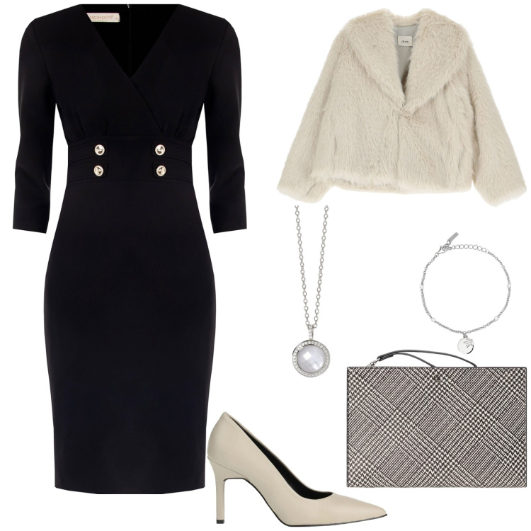 Outfit donna - Serata romantica. Stile Chic per Serata fuori. Abbinamento con décolleté, collane, braccialetti con ciondoli, vestiti a tubino, blazer, pochette.