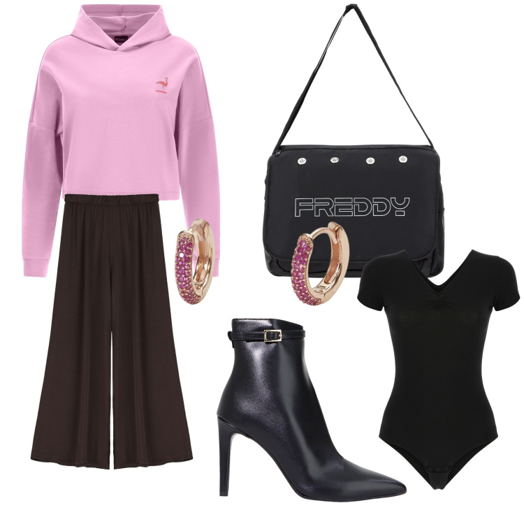 Outfit donna - Una felpa in ufficio. Stile Urban per Ufficio. Abbinamento con orecchini, stivaletti, borse messenger, body, felpe con cappuccio, pantaloni.