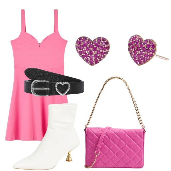 Outfit donna - Look romantico. Stile Romantica per Tutti i giorni. Abbinamento con stivaletti, borse a tracolla, cinture, vestiti, orecchini.