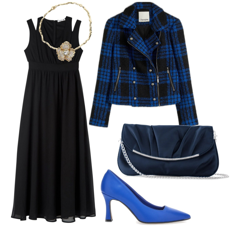 Outfit donna - Una serata in blu. per Serata fuori. Abbinamento con pochette, blazer, vestiti lunghi, collane, décolleté.