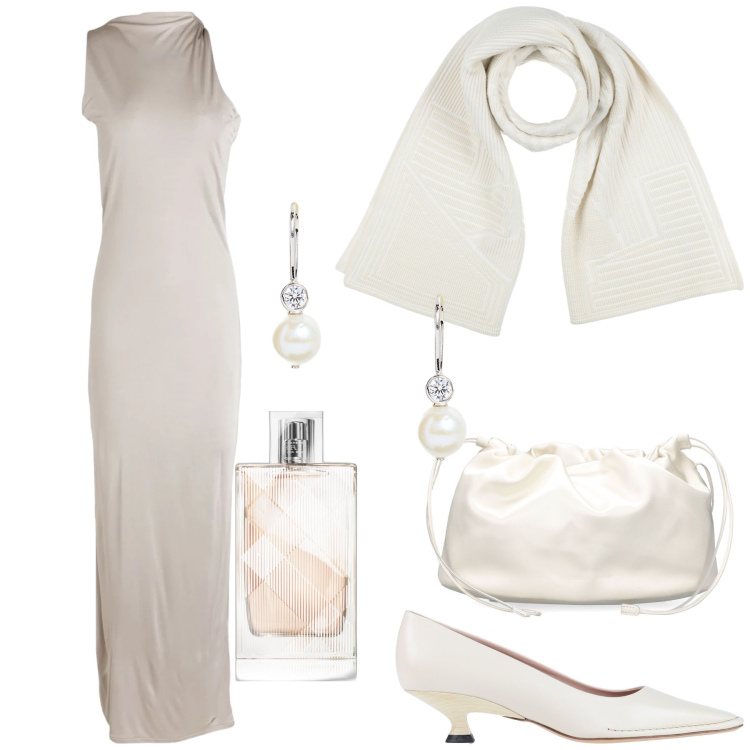 Outfit donna - La sposa di San Valentino. Stile Chic per Cerimonia. Abbinamento con vestiti lunghi, décolleté, sciarpe, profumi, orecchini, pochette.