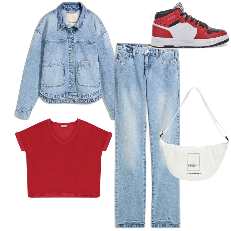 Outfit donna - Primavera in jeans. Stile Casual per Tutti i giorni. Abbinamento con cappotti, jeans dritti, marsupi, t-shirt, sneakers.