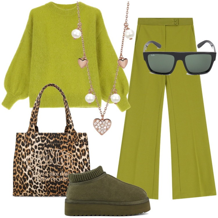 Outfit donna - Shopping chic. Stile Casual chic per Tutti i giorni. Abbinamento con collane, pantaloni, maglieria, sabot, shopping bag, occhiali da sole.