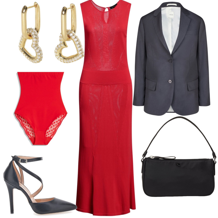 Outfit donna - Il San Valentino più romantico. Stile Glamour per Serata fuori. Abbinamento con culotte, vestiti lunghi, orecchini, pochette, décolleté, blazer.