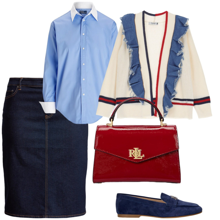 Outfit donna - Casual. per Ufficio. Abbinamento con cardigans, camicie, gonne, mocassini, borse a mano.
