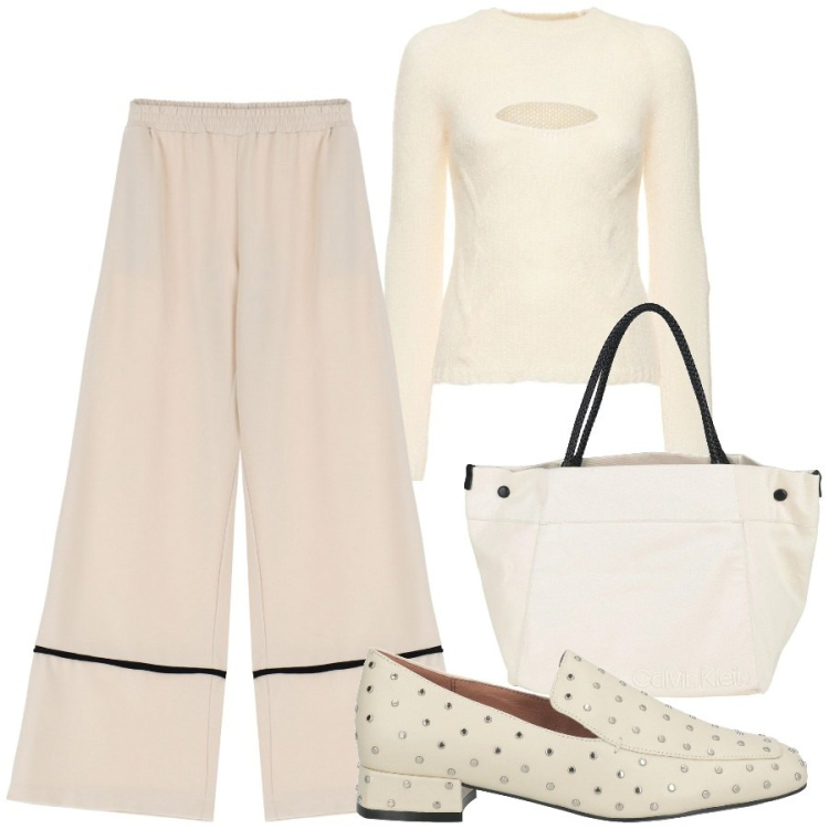 Outfit donna - Color burro. Stile Chic per Tutti i giorni. Abbinamento con mocassini, borse a mano, pantaloni, maglieria.