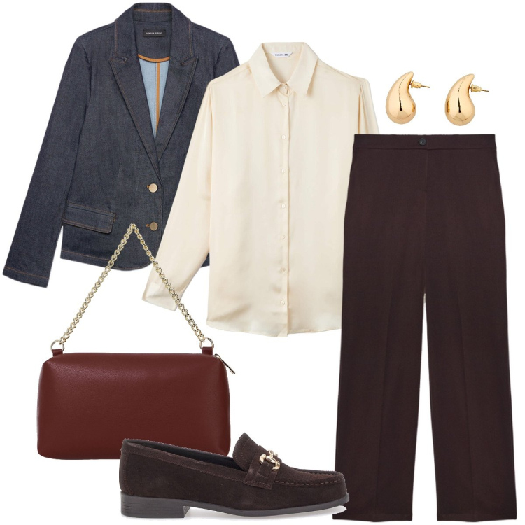 Outfit donna - Gli orecchini a goccia. Stile Bon Ton per Ufficio. Abbinamento con orecchini, camicie, borse a tracolla, mocassini, blazer, pantaloni.