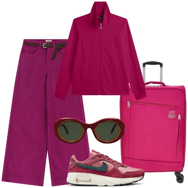 Outfit donna - Pronti partenza. Stile Sporty chic per Tutti i giorni. Abbinamento con occhiali da sole, felpe, pantaloni, sneakers, valigie.