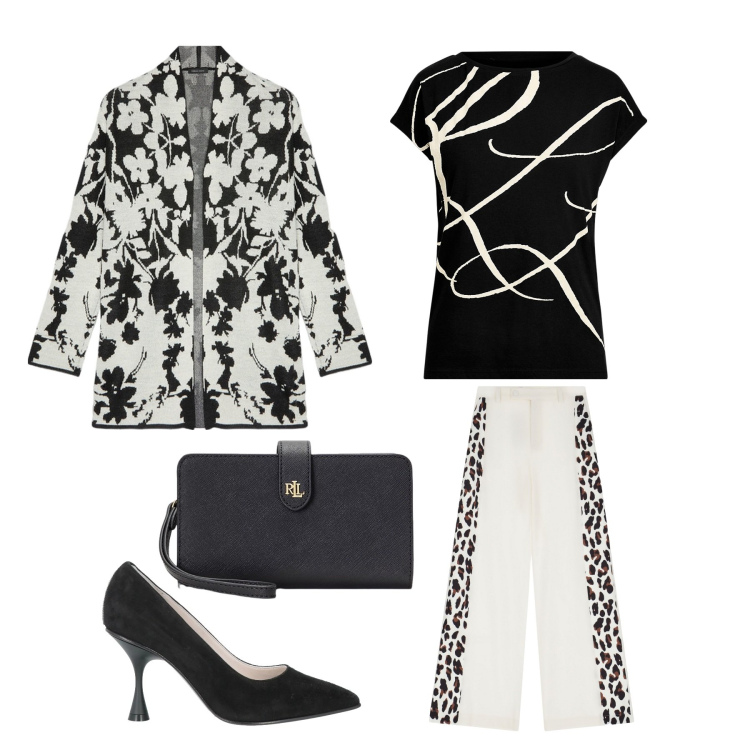 Outfit donna - Nero e bianco. Abbinamento con décolleté, pantaloni a palazzo, pochette, maglieria, cardigans.