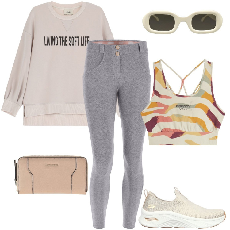 Outfit donna - Sportiva di giorno. Stile Sporty chic per Sport. Abbinamento con portafogli, occhiali da sole, pantaloni skinny, top sportivi, felpe, sneakers.