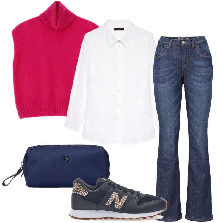 Outfit donna - Commissioni giornaliere. Stile Casual per Tutti i giorni. Abbinamento con jeans bootcut, gilet, pochette, camicie, sneakers.