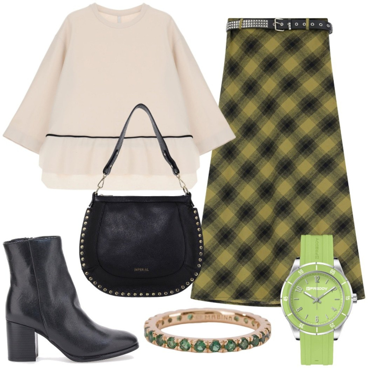 Outfit donna - Al lavoro. Stile Casual chic per Ufficio. Abbinamento con anelli, felpe, borse a spalla, orologi, gonne lunghe, stivaletti.