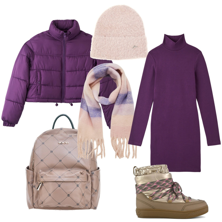 Outfit donna - Viola. Stile Casual chic per Tutti i giorni. Abbinamento con sciarpe, vestiti midi/longuette, piumini, stivaletti, zaini, berretti.