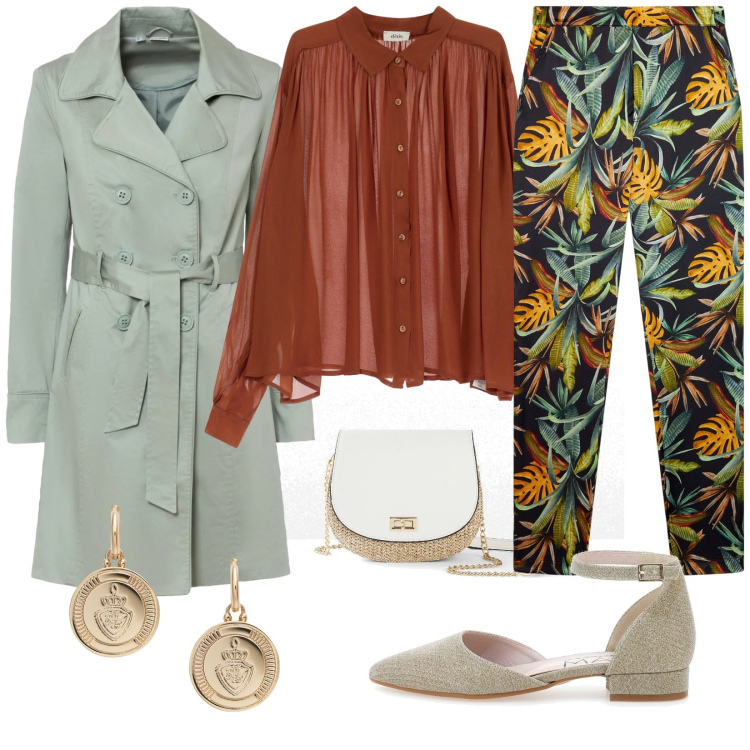 Outfit donna - Il trench. Stile Casual per Tutti i giorni. Abbinamento con trench, borse a tracolla, camicie, pantaloni, orecchini, ballerine.