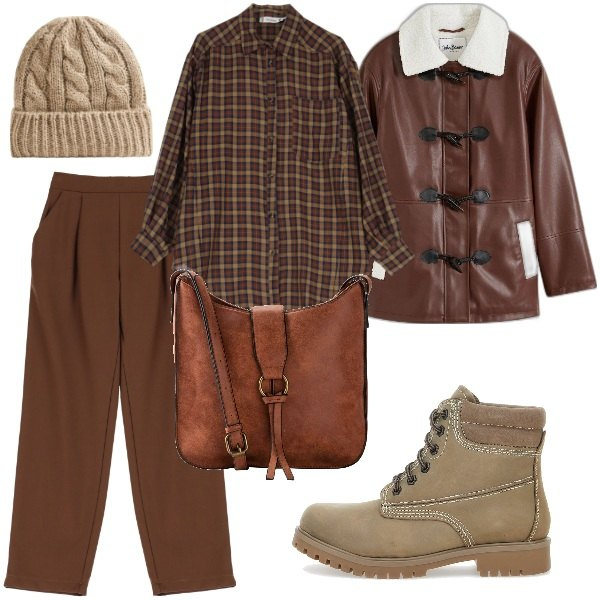 Outfit donna - Total look #2060948. Stile Trendy per Tutti i giorni. Abbinamento con borse a tracolla, montgomery, berretti, camicie, pantaloni, stivaletti.
