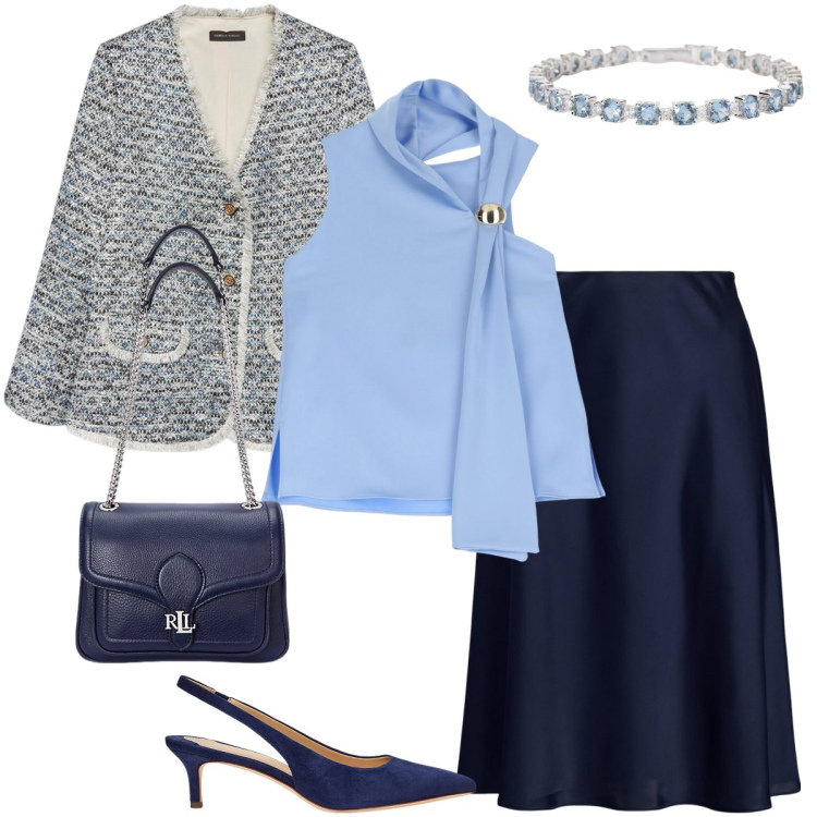 Outfit donna - Blu chic. Stile Chic per Cerimonia. Abbinamento con braccialetti, top, gonne, borse a spalla, décolleté, blazer.